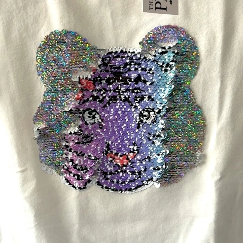 Brand New The Children’s Place White Short Sleeve Top Flip Sequins Floral Tiger